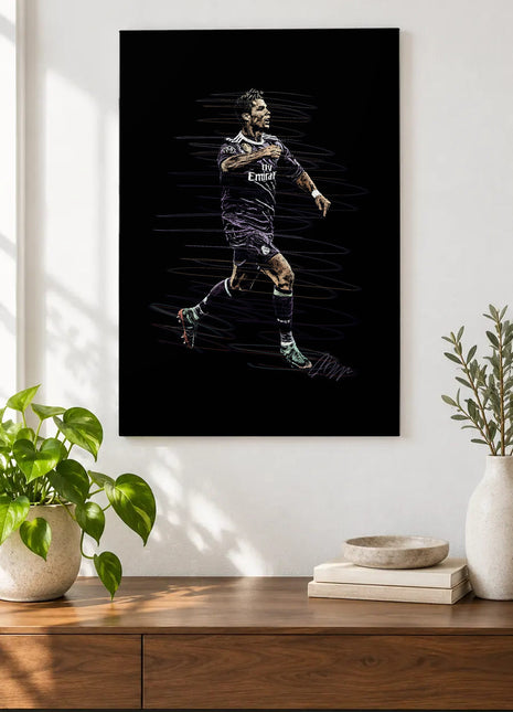 Purple Kit Forward Motion acrylic wall art displayed above a wooden console with plants and books against a white wall.