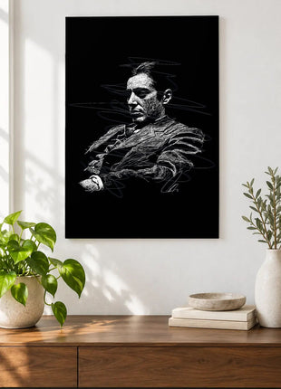 Quiet Authority in Lines acrylic wall art displayed above a wooden console with plants and books against a white wall.
