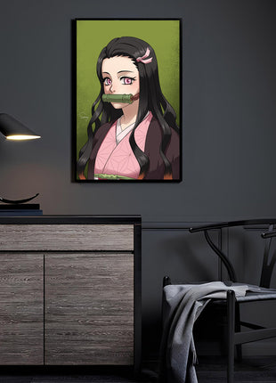 Quiet Demon Sister Nezuko Wall Art featuring Nezuko Kamado with bamboo muzzle and pink Asanoha kimono on 3mm Ultra-HD acrylic, artwork by Sam DelaTorre.