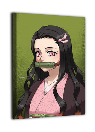 Quiet Demon Sister Nezuko Wall Art featuring Nezuko Kamado with bamboo muzzle and pink Asanoha kimono on hand-stretched gloss canvas, artwork by Sam DelaTorre.