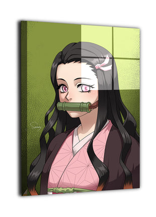 Quiet Demon Sister Nezuko Wall Art featuring Nezuko Kamado with bamboo muzzle and pink Asanoha kimono on dye-sublimated metal, artwork by Sam DelaTorre.