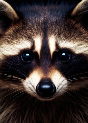 Close-up raccoon with reflective dark eyes, black mask, cream cheek markings and glossy nose.