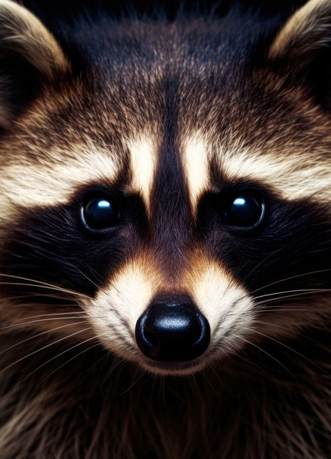 Close-up raccoon with reflective dark eyes, black mask, cream cheek markings and glossy nose.