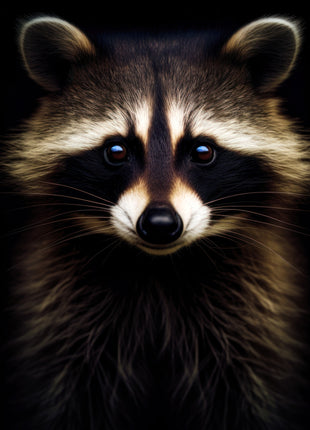 Raccoon facing forward with cream forehead markings, dark eye mask, rounded ears and long chest fur.