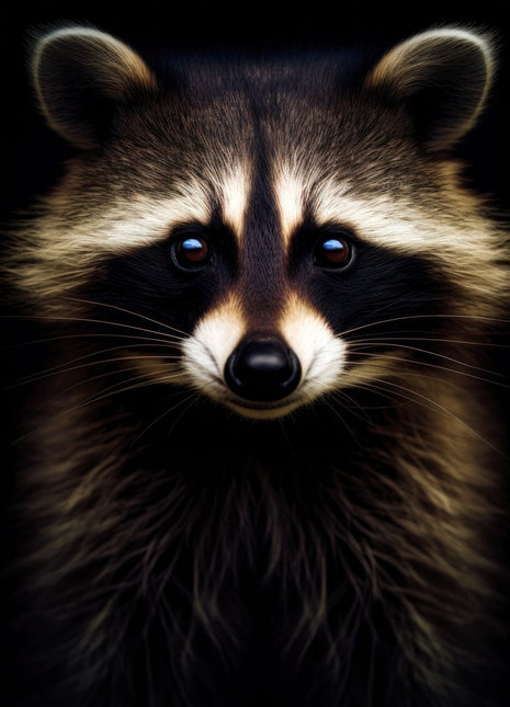 Raccoon facing forward with cream forehead markings, dark eye mask, rounded ears and long chest fur.
