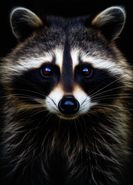 Raccoon facing forward with a black eye mask, silver-white facial fur and rounded ears against black.