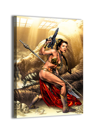 Pop culture wall art of a strong woman in gold armor with blaster and spear, monster in background