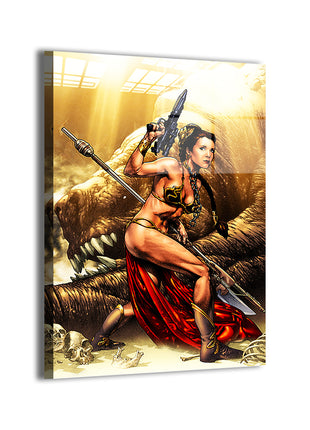 Pop culture wall art of a warrior woman in gold armor with spear, battling beast in fantasy setting