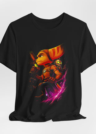Draped front view of the black Ratchet Lombax Action Graphic T-Shirt.