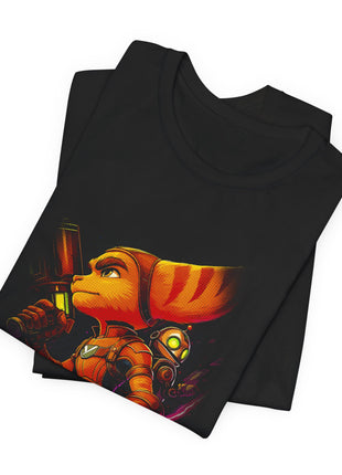 Folded view of the black Ratchet Lombax Action Graphic T-Shirt.