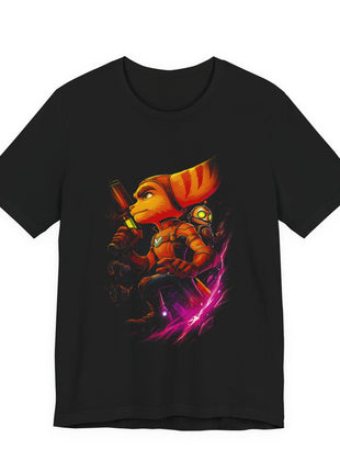 Front view of the black Ratchet Lombax Action Graphic T-Shirt.