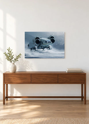 Razor Crest Through the Snow acrylic wall art displayed above a wooden console with a leafy vase and stacked books against a white wall.