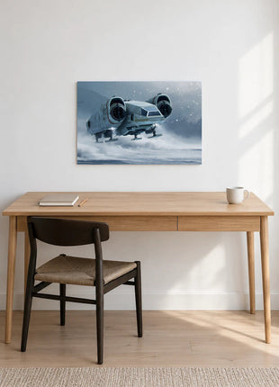 Razor Crest Through the Snow acrylic wall art displayed above a wooden desk with a notebook, pencil and white mug against a white wall.