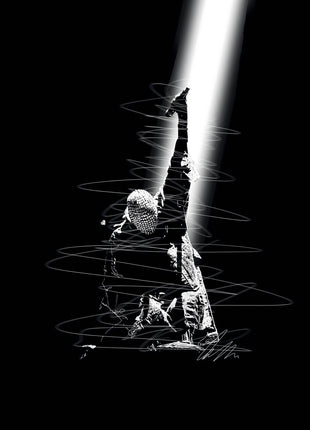 Reaching Through the Spotlight: depicts a singer reaching one arm into a bright diagonal beam of white light.