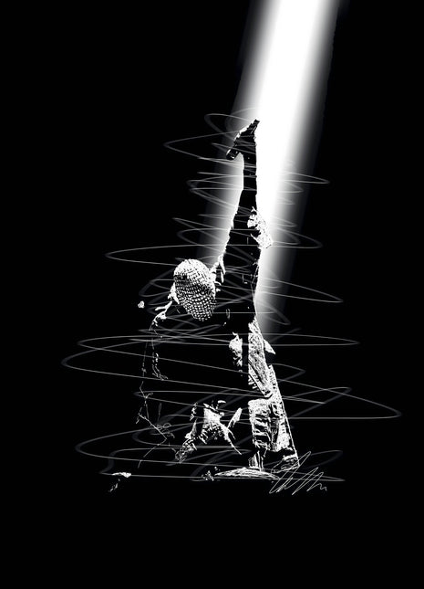 Reaching Through the Spotlight: depicts a singer reaching one arm into a bright diagonal beam of white light.