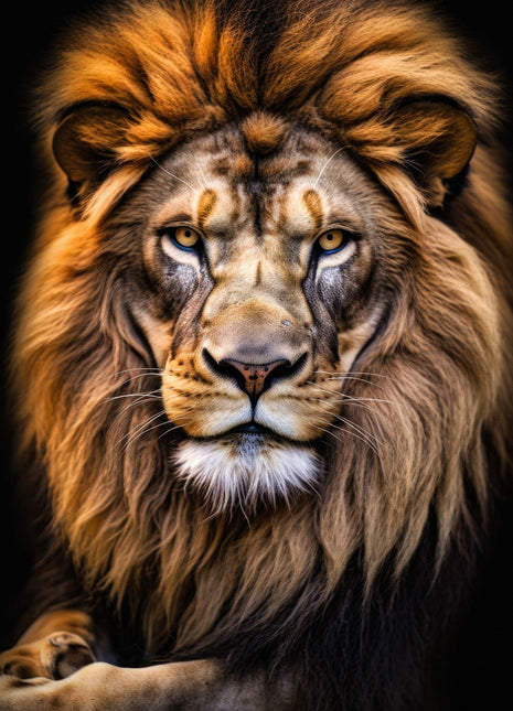 Lion with a swept-back golden-brown mane and a foreleg visible at the bottom on a black background.