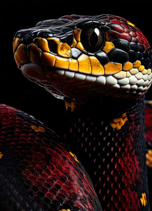 Red-and-black snake with raised head, a large dark eye and gold-white jaw scales against black.