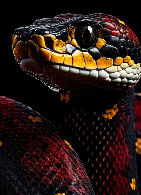 Red-and-black snake with raised head, a large dark eye and gold-white jaw scales against black.