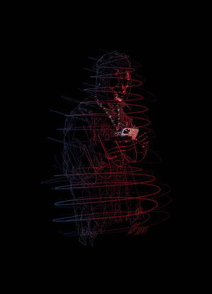 Red and Blue Under the Brim: reveals a dimly lit figure beneath a broad-brimmed hat.