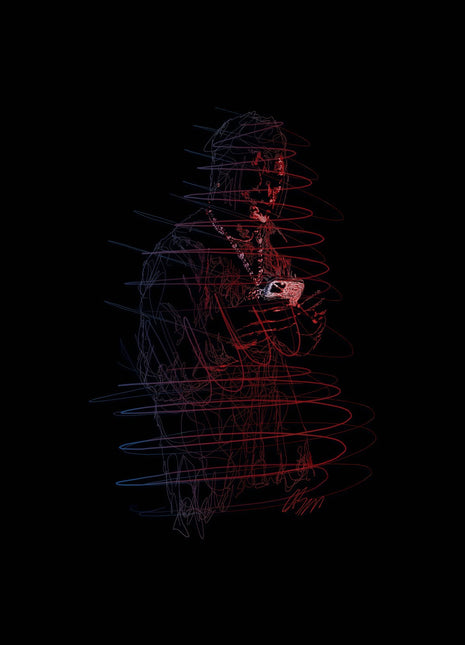 Red and Blue Under the Brim: reveals a dimly lit figure beneath a broad-brimmed hat.