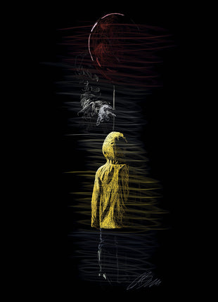 IT-inspired scene of a yellow-raincoat child below a sinister face and red balloon on a black background.