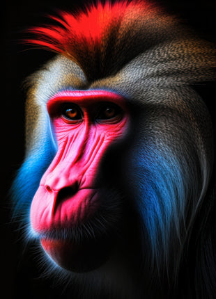 Stylized monkey turned left with a red crest, pink face and electric blue cheek fur on black.