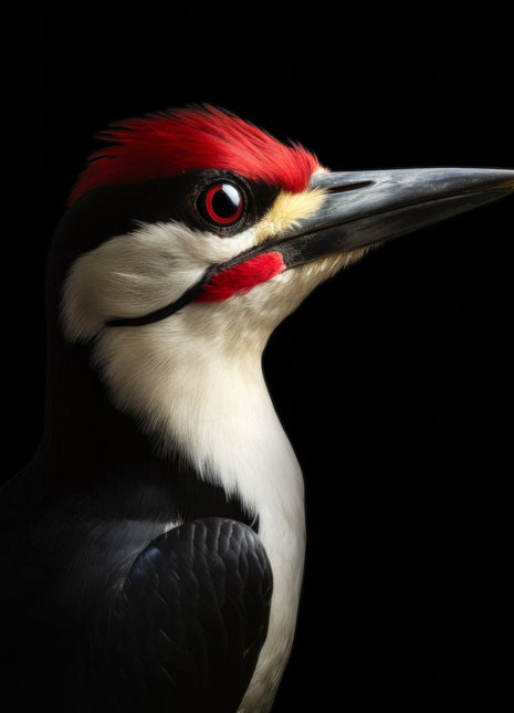 Woodpecker facing right with a red crest, red cheek accent and black-and-white face.