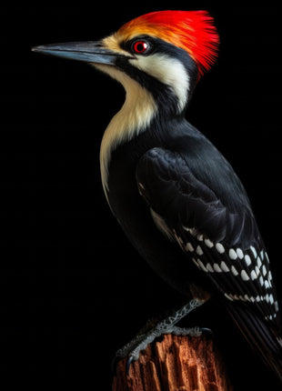 Red-crested woodpecker facing left on a brown stump, with black-and-white plumage against black.