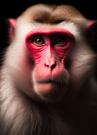 Monkey facing forward with red facial markings, soft gray fur and a brown crown against black.