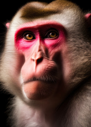 Monkey in slight three-quarter view with red eye markings, pale muzzle and gray fur.