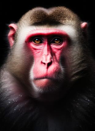 Monkey with a vivid red face, gray cheeks, brown cap and golden eyes facing forward on black.