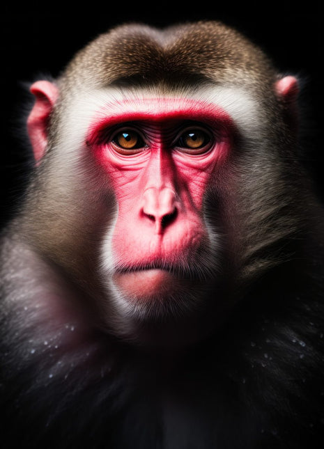 Monkey with a vivid red face, gray cheeks, brown cap and golden eyes facing forward on black.