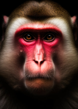Front-facing monkey with rounded brown crown, red face, gray cheeks and dark throat on black.