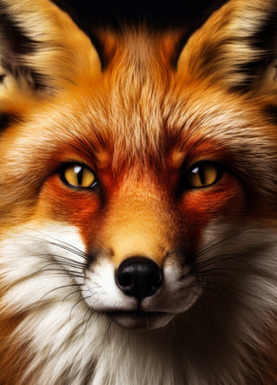 Close-up red fox with copper-orange fur, golden eyes, white cheeks and a black nose against black.