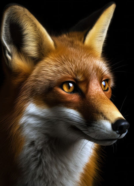 Red fox looking right with tall pointed ears, golden-orange fur and a silver-white throat against black.