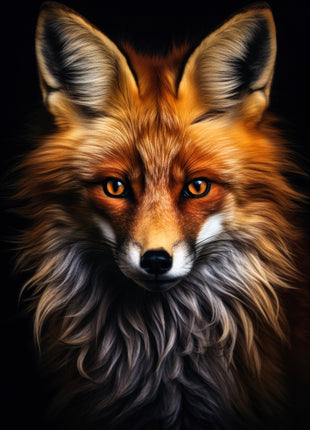 Red fox with tall upright ears, orange face, pale muzzle and long charcoal-gray chest fur against black.
