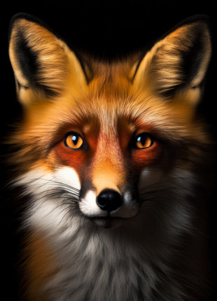 Red fox facing forward with tall ears, orange face, silver-white chest and dark shoulders on black.
