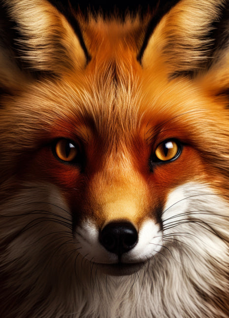 Close-up red fox with golden eyes, bright orange fur, long white cheek strands and black nose.