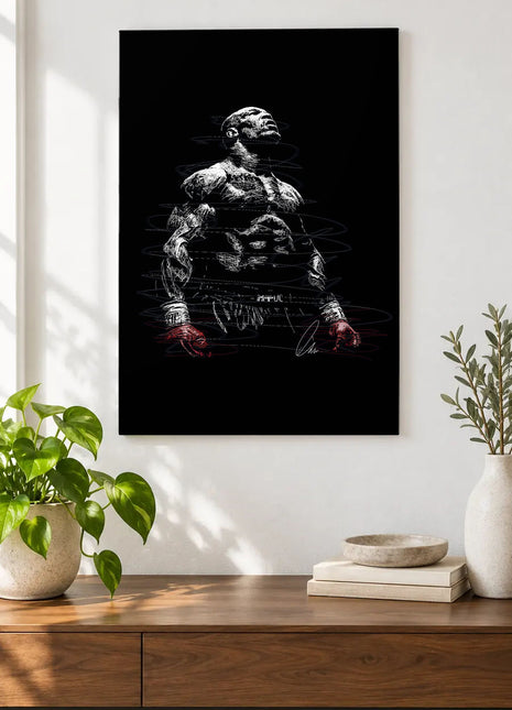 Red Gloves Upward Gaze acrylic wall art displayed above a wooden console with plants and books against a white wall.