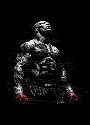 Red Gloves Upward Gaze: portrays a muscular fighter in UFC-marked shorts with red gloves lowered by his sides.