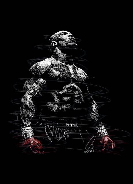 Red Gloves Upward Gaze: portrays a muscular fighter in UFC-marked shorts with red gloves lowered by his sides.