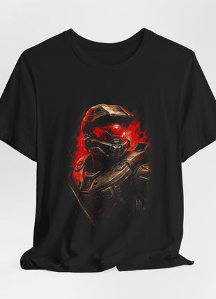Draped front view of a black T-shirt showing a red-visored armored soldier against rough red background strokes.
