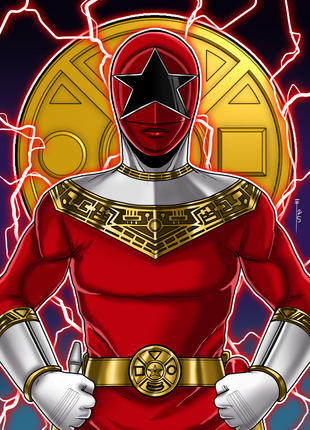 Star Vanguard Ascendant Wall Art featuring Tommy Oliver as Red Zeo Ranger V with the Zeo Crystal symbol and white energy, artwork by Emmanuel Centeno.