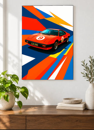 Redline Number Nine car wall art displayed above a walnut console against a white wall