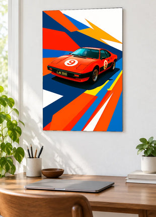 Redline Number Nine car wall art displayed above a wooden desk against a white wall