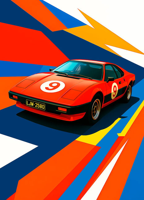 Red number 9 wedge sports coupe over blue, orange, yellow and white graphic rays; Redline Number Nine artwork