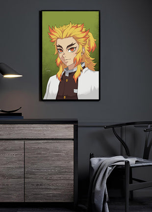 Flame Hashira's Spirit Rengoku acrylic wall art displayed in a modern room, artwork by Sam DelaTorre