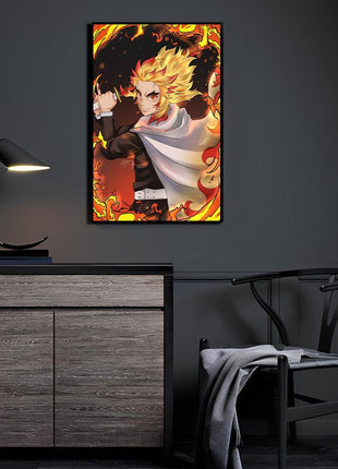 Flame Pillar Resolve Rengoku acrylic wall art displayed in a modern room, artwork by Emmanuel Centeno