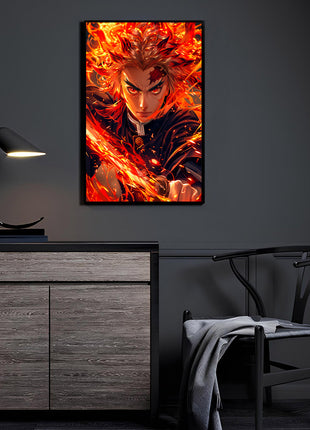 Flameheart Resolve Rengoku acrylic wall art displayed in a modern room