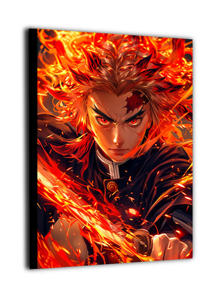 Flameheart Resolve Rengoku canvas wall art print with blazing Flame Hashira portrait